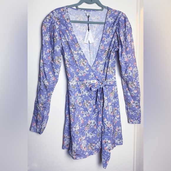 Sexy Summery WeWoreWhat Blanca Floral & Periwinkle Puff-Sleeve Wrap Mini Dress - Picture 11 of 12